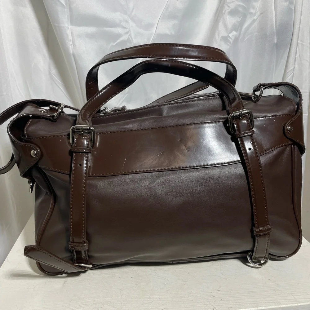 VIA SPIGA TALIA EAST WEST TOTE/Laptop in Dark Brown Patent and Smooth Leather